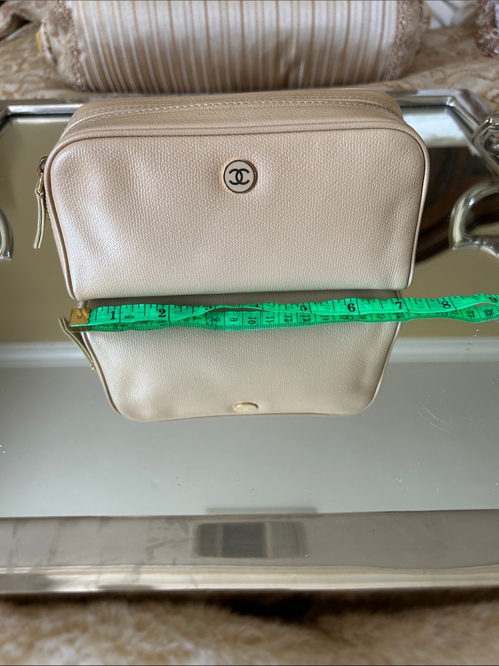CHANEL Beige Pebbled Leather Cosmetic Case with CC Medallion -Great Condition